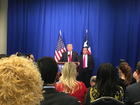 Donald Trump announcing the endorsement of New Jersey governor Chris Christie at a press conference prior to his Fort Worth rally on Friday. Photo by Nicolas Henderson. 