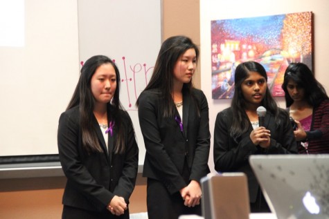 Coppell High School sophomore Priya Mekala briefly relates her experiences with those diagnosed with Alzheimer’s disease in the lecture hall on Monday. Mekala is in HOSA and is presenting a public service announcement to bring more awareness for the Alzheimer’s disease. Photo by Jennifer Su.