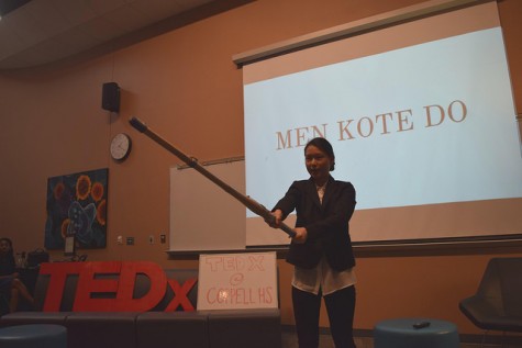 Sophomore Sol Hong's TED talk consisted of "the way of the sword." Hong depicted the way a sword should be used by performing various stunts. Photo by Pranathi Chitta.