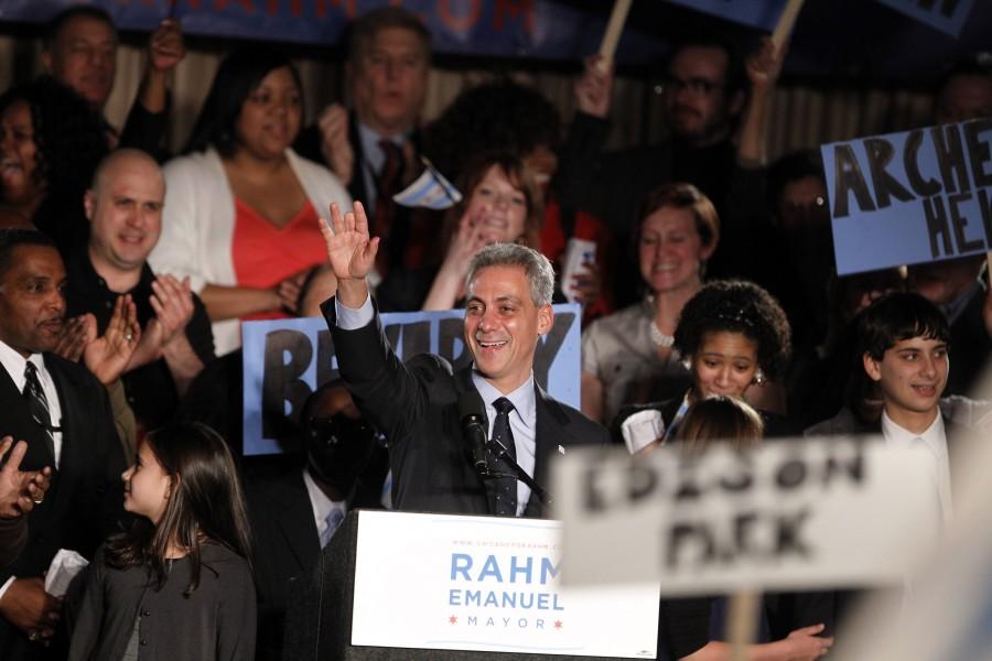 Rahm Emanuel celebrates his victory in the Chicago, Illinois, mayoral election at a Near West Side plumbers union hall on Tuesday, February 22, 2011. (Brian Cassella/Chicago Tribune/MCT)