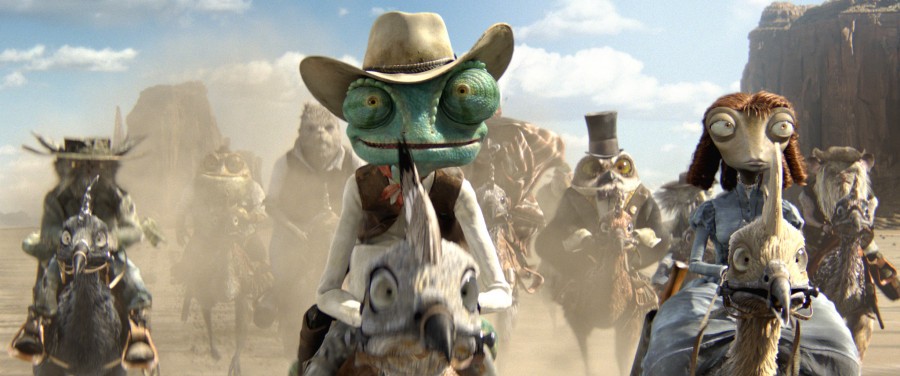Center to right, foreground: Rango (Johnny Depp) and Beans (Isla Fisher) in Rango, from Paramount Pictures and Nickelodeon Movies. (Courtesy of Paramount Pictures/MCT)