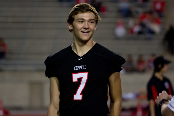 Quarterback Jake Larson, whose season came to an end when he suffered from a knee injury on Sept. 29 against Denton Guyer, was at the game on Friday to support his team. Photo by Lauren Ussery.