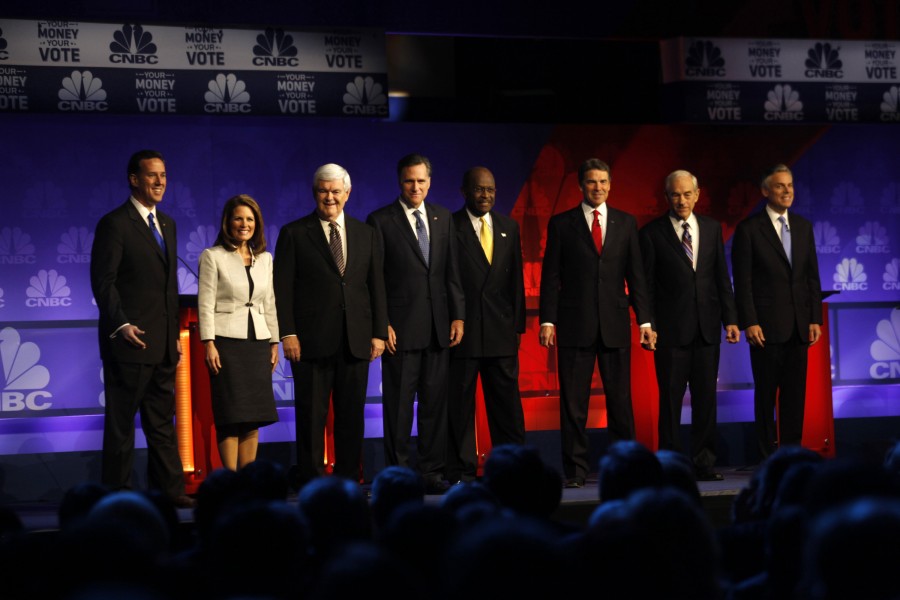 Republican presidential candidates during introductions prior to the GOP Debate in which the eight candidates spoke at Oakland University in Rochester, Michigan, on Wednesday, November 9, 2011. (Jarrad Henderson/Detroit Free Press/MCT)