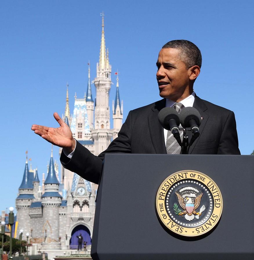President Barack Obama delivers remarks in front of Cinderella Castle in the Magic Kingdom at Walt Disney World, in Lake Buena Vista, Florida, Thursday, January 19, 2012. (Joe Burbank/Orlando Sentinel/MCT)