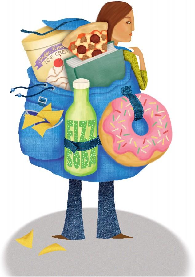 300 dpi 6 col x 16.5 in / 295x419 mm / 1004x1426 pixels Michelle Kumata color illustration of a young woman carrying an oversized backpack filled with junk food and a book. The Seattle Times 2005   KEYWORDS: krteducation education freshman15 2 1 diet freshman 15 10 college weight gain obesity teen teenage childhood obese dorm campus university gaining overweight weight dormitory nutrition junk fast food diet student moving away study backpack ice cream soda pizza donut chips school girl women woman illustration ilustracion grabado krteducation education krtfeatures features krtnational national krtfood krtlifestyle lifestyle krt aspecto aspectos salud adolescente obesidad gordo joven estudiente regimen nutricion comida se contributor coddington kumata alexander 2005 krt2005