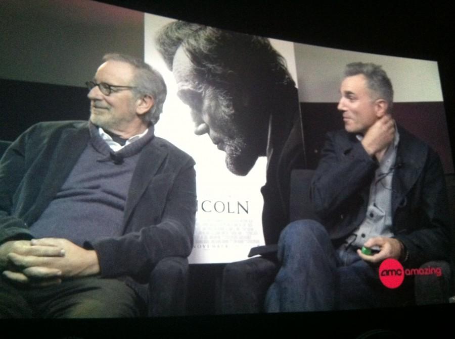 Steven+Spielberg+and+Daniel+Day-Lewis+answer+questions+via+satellite+in+a+Q%26A+session+after+the+advanced+screening+of+Lincoln.+Photo+by+Elizabeth+Sims