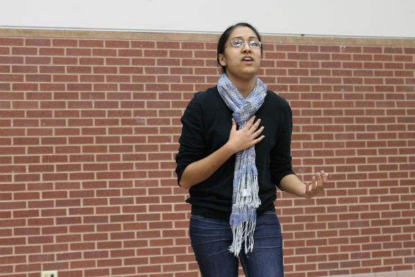 Senior Khadijah Adenwala auditioned for Heritage Night by singing What Makes You Beautiful by One Direction. Heritage Night, hosted by the Junior World Affairs Council, will be Friday night, February 15th. Photo by Rinu Daniel.