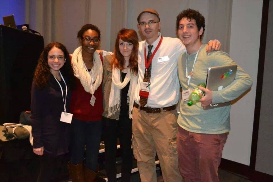 Marcus High School senior Madison Ermenio, Coppell High School senior Tolu Salako, Bryant High School senior Tori Moore and Shawnee Mission East High School senior Scotty Burford first met at a specialized writing class during the summer of 2013 led by University of Nebraska-Lincoln professor Scott Winter (second from right) They saw each other again at the JEA/NSPA High School Journalism Convention at another class led by Scott Winter. Photo by Elizabeth Sims
