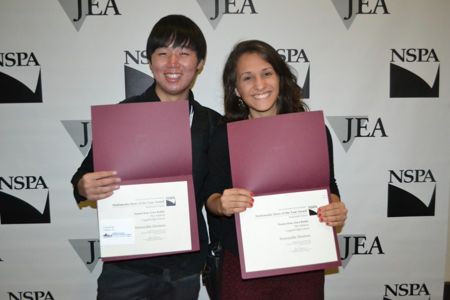 Senior Hamin Kim (left) and 2013 Coppell High School graduate Erica Rohde (right) show off their honorable mention certificates for Multimedia Feature Story of the Year. Photo by Elizabeth Sims.