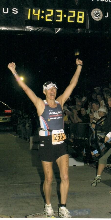 Candy Sheehan crosses the finish line of her Ironman Triathlon in November 2007 while being treated for breast cancer. Photo curtosey of Candy Sheehan. 
