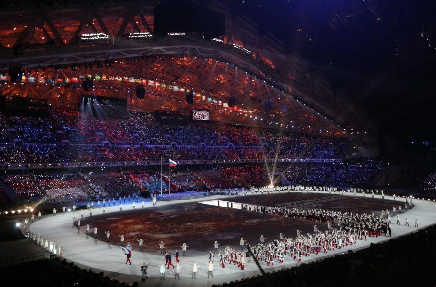 Athletes from Russia march during the Opening Ceremony for the Winter Olympics at Fisht Olympic Stadium in Sochi, Russia, Friday, Feb. 7, 2014. (Brian Cassella/Chicago Tribune/MCT)