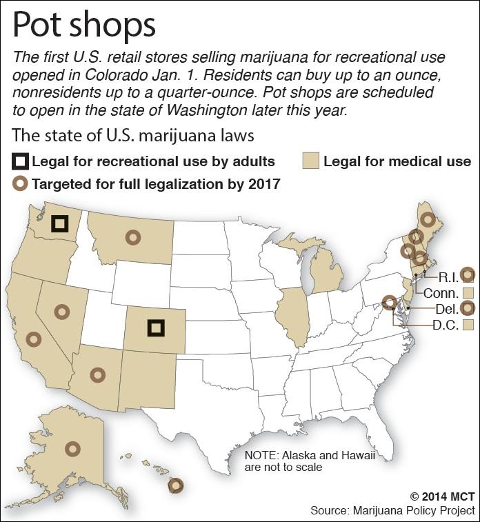 U.S. map shows status of marijuana decriminalization laws across the states; Colorado has become the first state to sell the drug for recreational use. MCT 2014