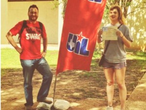 Creative writing teacher Matthew Bowden and junior Emily Friis-Hansen traveled to Austin on May 21 so Friis-Hansen could compete in UIL Ready Writing. Friis-Hansen placed first in all of the state of Texas,