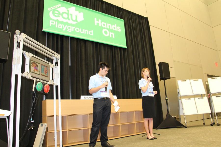 Junior Zane Erickson (left) and Senior Erin Payne (right) speak to the crowd at SXSWedu about their teams innovation Gateways. Photo courtesy Ruth Fernandes. 