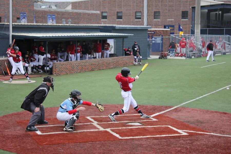 Sophomore shortstop Jacob Nesbit hits his second of his three hits against Fort Smith on March 14 at Highland Park High School. Nesbit finished the day 3-3 with two stolen bases and two RBIs. Photo by Nicole Messer.