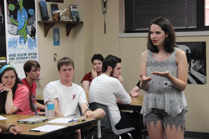 Young adult author Aimee Hyndman, Coppell High School graduate, addresses Matthew Bowden’s creative writing class on Aug. 26  about her upcoming book release on Sept. 7. Hyndman’s novel Hour Of Mischief was first drafted in her senior year.  Photo by Alexandra Dalton. 
