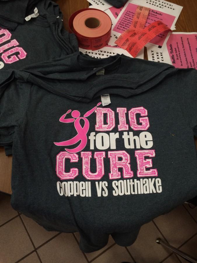 Coppell+High+School+volleyball+players+are+selling+%E2%80%9CDig+For+the+Cure%E2%80%9D+shirts+to+fundraise+for+the+Susan+G+Koman+Breast+Cancer+organization.+Every+year+Coppell+hosts+a+%E2%80%9CDig+for+the+Cure%E2%80%9D+game+and+all+funds+raised+go+to+the+charity.+Photo+by+Aubrie+Sisk.