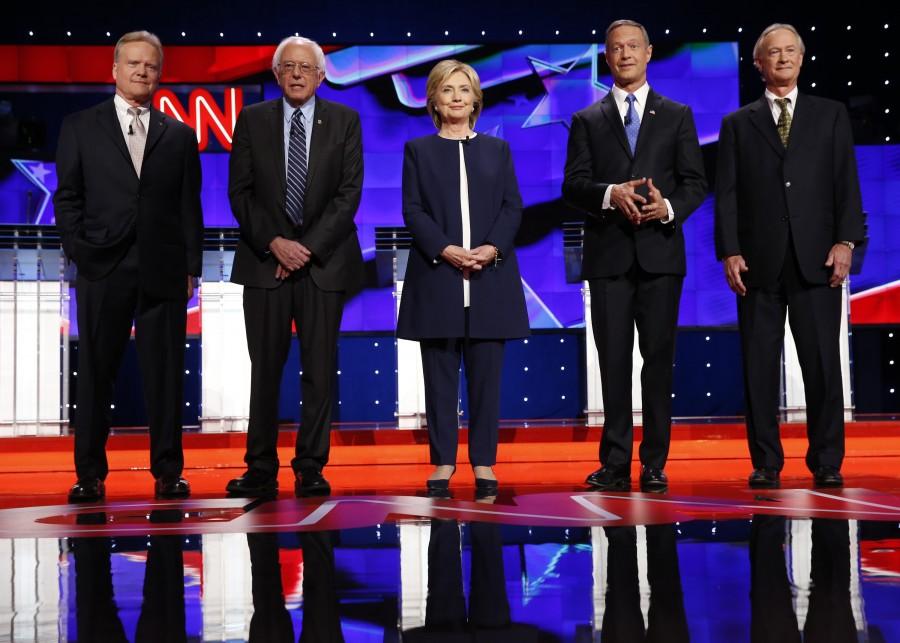 From left, Democratic presidential candidates Jim Webb, Bernie Sanders, Hillary Rodham Clinton, Martin OMalley and Lincoln Chafee on the debate stage on Tuesday, Oct. 13, 2015, in Las Vegas. (Josh Haner/NYT/Pool via Zuma Press/TNS)
