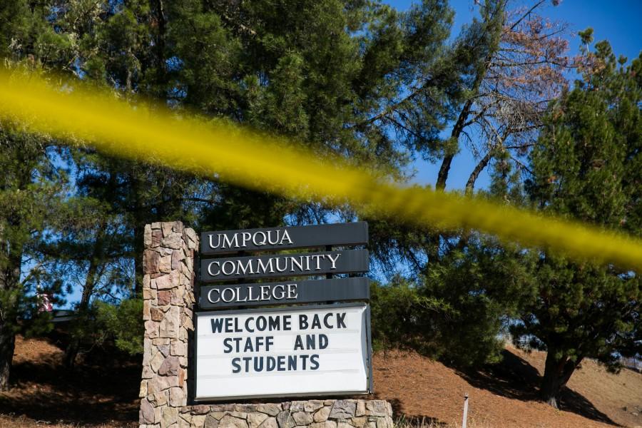 Despite the campus being taped off in police line, Umpqua Community College in Roseburg, Ore., reopened on Monday, Oct. 5, 2015, following last weeks mass shooting. (Marcus Yam/Los Angeles Times/TNS)