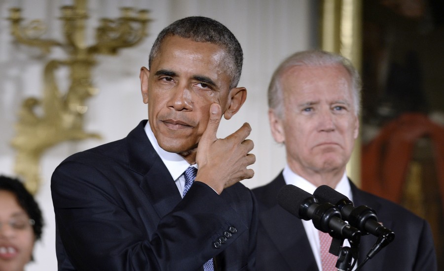 President Barack Obama cries during a press conference to announce executive actions intended to expand background checks for some firearm purchases and step up federal enforcement of the nations gun laws in the East Room of the White House in Washington, D.C., on Tuesday, Jan. 5 2016. (Olivier Douliery/Abaca Press/TNS)