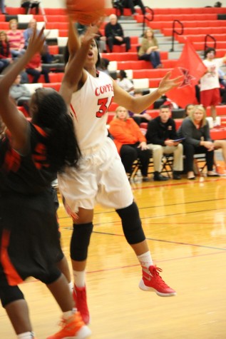 Coppell High School junior Chidera Nwaiwu tries to steal the ball from Haltom Lady Buffalo player, ending the first half of Friday night’s game with a score of 19-19. Coppell were defeated by Haltom with a final score of 43-45 in the CHS large gym Friday night. 