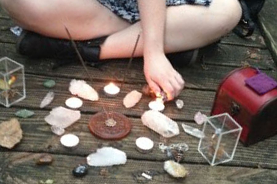 Eric Delatorre and fellow Wiccan Olivia Martin Spinner spend time practicing spells outside one afternoon. Photo courtesy of Eric Delatorre