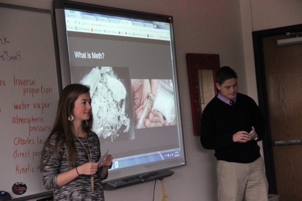 Anatomy & physiology senior students Ashley Bartlett and Nathan Ballard give a presentation about methamphetamine on Tuesday. Stefanie Clarke’s class is currently learning about how different drugs affect your nervous system.
