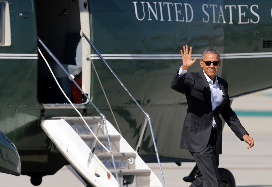 President Obama waves to the assembled media as he arrives at Los Angeles International Airport aboard Marine One on Friday, Feb. 12, 2016. The president was in town to tape an episode of the Ellen Degeneres Show and to attend a political fundraiser. He boarded Air Force One at LAX and headed to Palms Springs for a summit of Southeast Asian leaders. (Luis Sinco/Los Angeles Times/TNS)