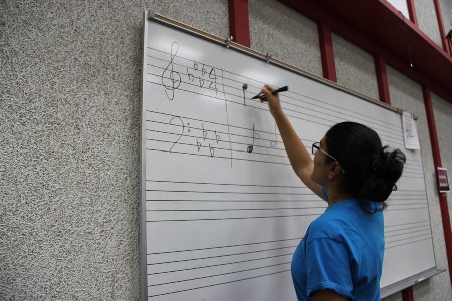 Coppell High School sophomore Chini Lahoti works out part-writing examples in AP music theory on March 23 in the choir room. Lahoti took a practice AP exam yesterday and is reinforcing various theory questions today in class.