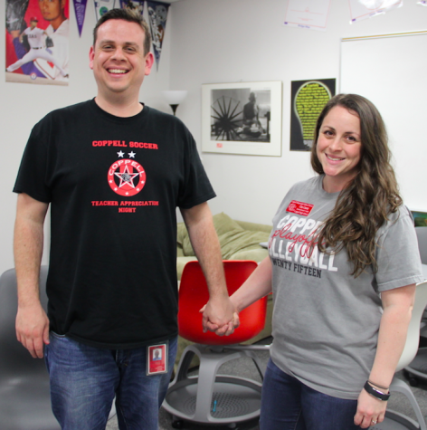 Coppell High School teachers Chris and Clara Caussey sit in Caussey’s World History classroom. This teacher power couple has been working at CHS for three years and while Mr. Caussey teaches World History, Mrs. Caussey is an instructional coach. Photo by Kelly Monaghan.