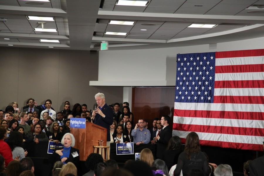 Former US President Bill Clinton campaigns for wife and Democratic presidential candidate Hillary Clinton at Tarrant County Colleges Trinity River Campus. Clinton came to Fort Worth on Monday to urge supporters to vote for Hillary on March 1, Super Tuesday. Photo by Kelly Monaghan.
