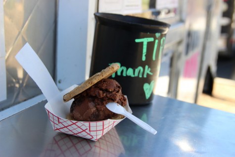 Two chocolate chip cookies with chocolate molten cake with fudge swirl ice cream from Coolhaus. Photo by Aubrie Sisk.