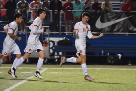 Coppell High School junior Nick Taylor celebrates his goal to stretch the Coppell lead 4-1 on Saturday night state championship match at Birkelbach Field in Georgetown. The Cowboys defeated Lake Travis, 6-1, in the state championship match, ending their undefeated season with a record of 24-0-2.
