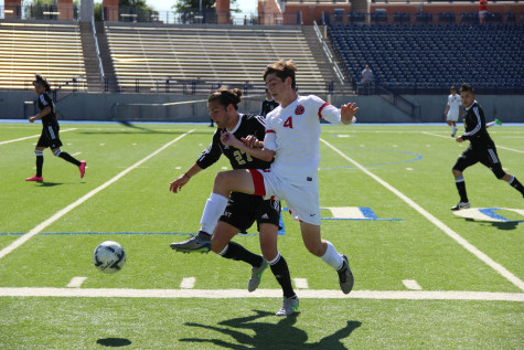 Sophomore forward Wyatt Priest challenges a Plano East defender for the ball late in Coppell's 2-1 victory over the Panthers in the regional final. Priest scored three goals in the regional tournament to boost the Cowboys to a state tournament berth.