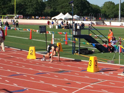 Coppell High School junior Zach Dicken lines up to start the 400m race. Dickens finished 6th in Class 6A Region 1 with a time of 50.50. Photo by Joseph Krum