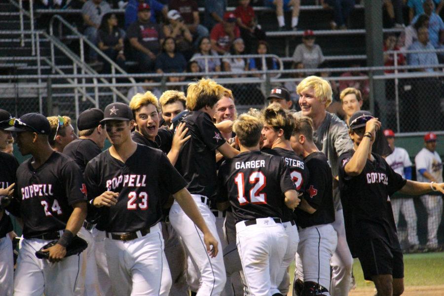 The Cowboys mob junior shortstop Jacob Nesbit after his two-run jimmy-jack broke the game wide open for Coppell. Nesbit’s homer added two much-needed runs in the top of the sixth as the Cowboys would go on to win 8-1 in Duncanville.
