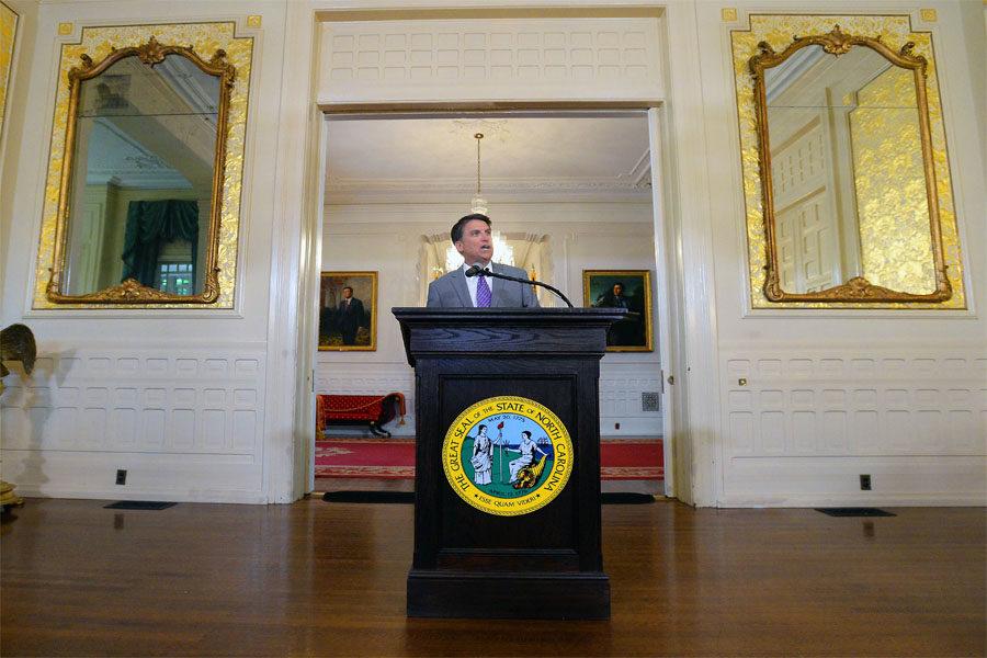 N.C. Gov. Pat McCrory speaks to the media Monday, May 9, 2016. He was announcing he has filed a lawsuit asking a federal court to determine that the controversial House Bill 2 is not illegally discriminatory. (Chuck Liddy/Raleigh News & Observer/TNS)