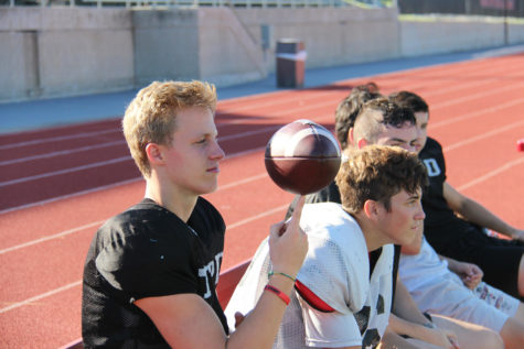 Described as the jokester of the locker room, senior long snapper Connor Choate goofs around during practice on Sept. 5. “That also comes with by job,” said Choate, with a laugh. “Just being that funny guy in the locker room.”