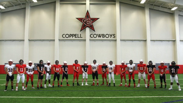 The Coppell High School football team has 18 different uniform combinations available this year. Each player has a white and a black helmet, a red, a black and a white jersey, and a red a white and a red pair of pants. 
