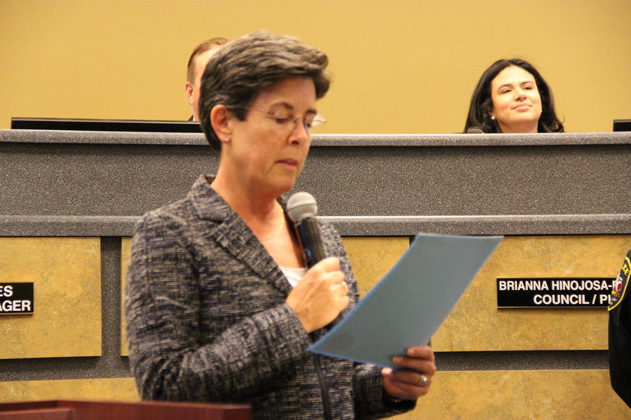Coppell Mayor Karen Hunt addresses citizens during a City Council meet in Oct. 2015. 