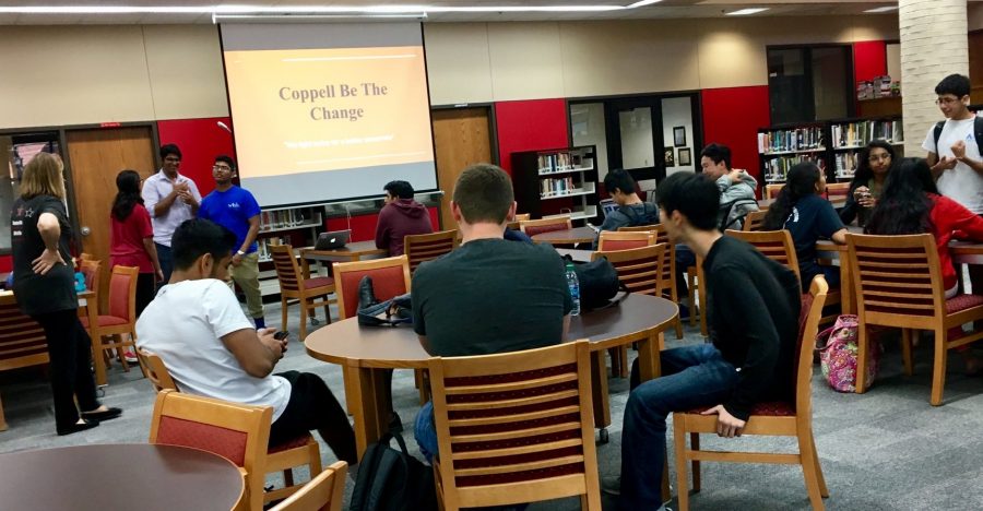 The Coppell High School “Coppell Be The Change” gathers for their first meeting on Thursday in the CHS library. The club provides service opportunities for CHS students and plans to work with the North Texas Food Bank in holding a canned food drive. 
