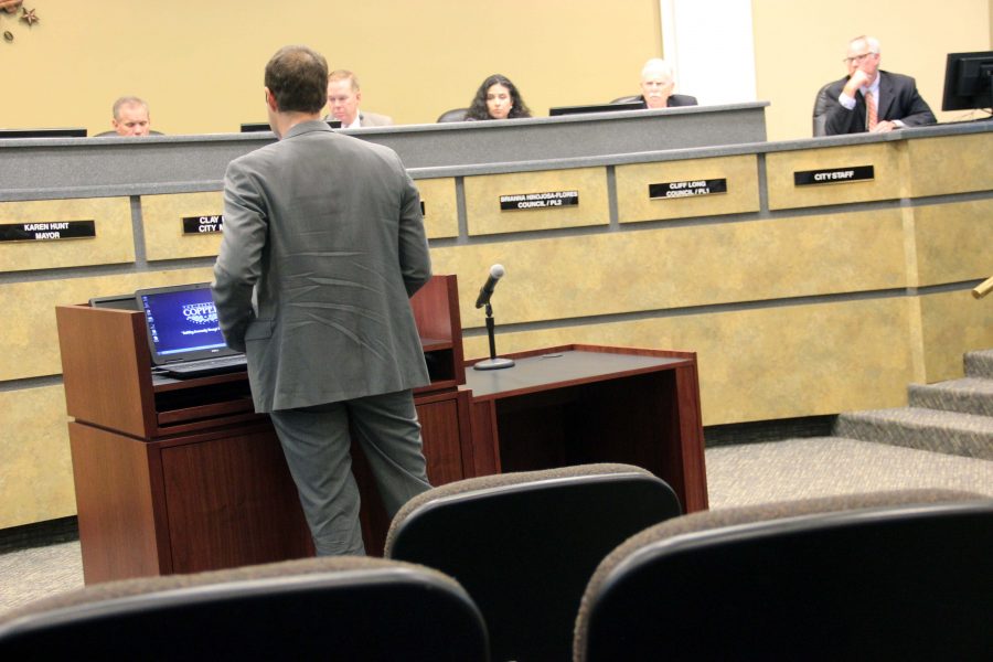 Matt Kaiser, a representative of U.S. Property Trusts speaks about a miscommunication between the city and his business regarding notices that were sent out to the neighbors of the lot where construction was planned. Photo by Sophia Guerrero.