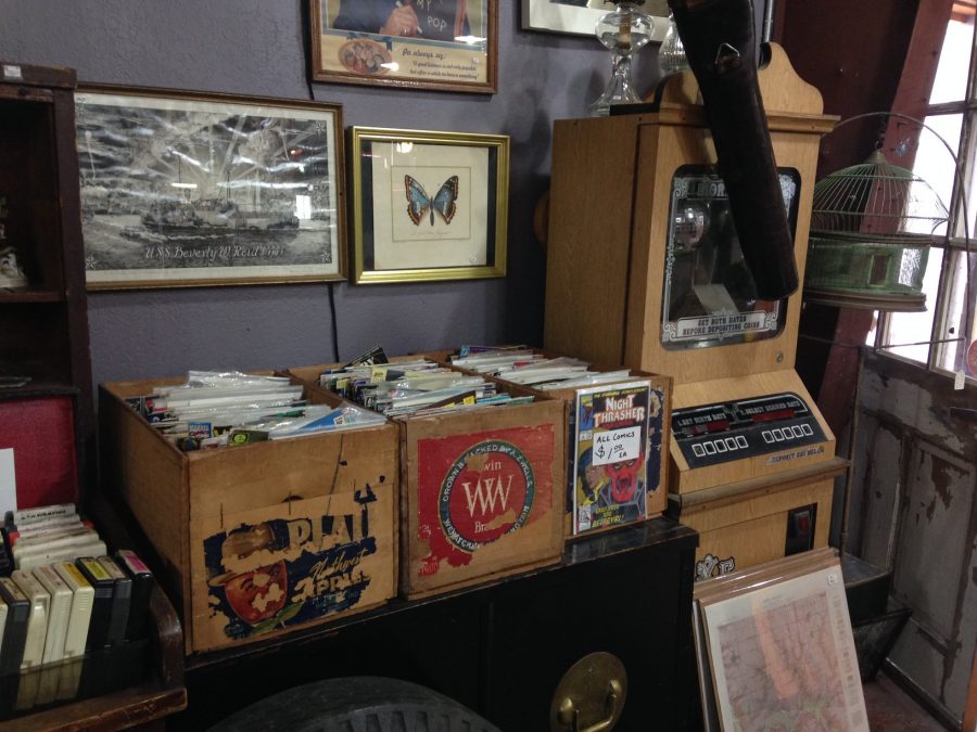 Records, old pictures, and DVDs are sold at M’Antiques, an antique store in Bishops Arts District. Bishops Arts District is home to many antique and vintage stores. 