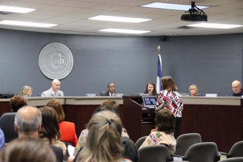 CISD Coordinator of Assessment and Accountability Susie Williams explains a chart displaying STAAR/EOC results for each grade at the Monday night's board meeting at Coppell ISD building. Susie Williams gives explanations on what will happen next if students need to retake STAAR.