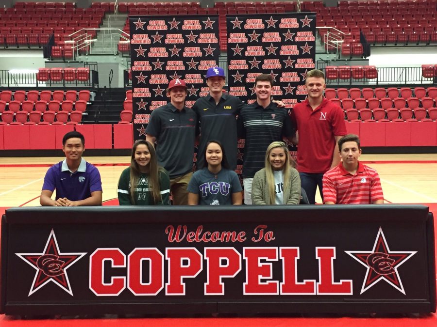Coppell+High+School+held+a+National+Signing+Day+ceremony+on+Nov.9+in+the+CHS+arena.+Nine+senior+students+plan+to+progress+towards+their+passion+for+their+sport.+%0A%0A