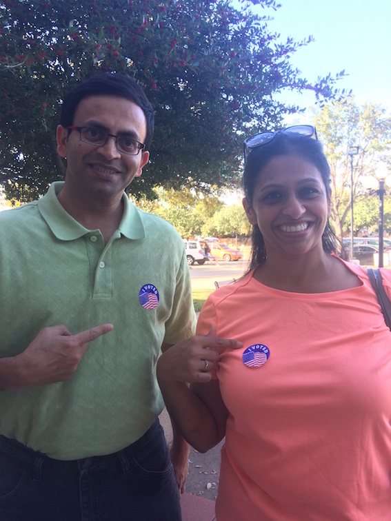 Coppell citizens Priya Karnak and Ravi Karnik vote for the Republican nominee Donald Trump during Early Voting polls at the City Hall on Oct. 31. Election day is on Nov. 8 and locations around Coppell such as City Hall are open for voting.
