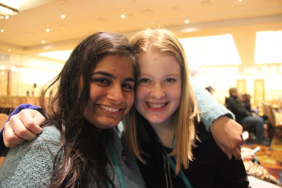 Executive news editor Sakshi Venkatraman (left) and Editor-in-Chief Meara Isenberg (right) attend the National High School Journalism Convention in Indianapolis, Indiana.  The four day convention offered young journalists a glimpse into what reporting after high school is like, and taught them skills to bring back to their newsrooms.