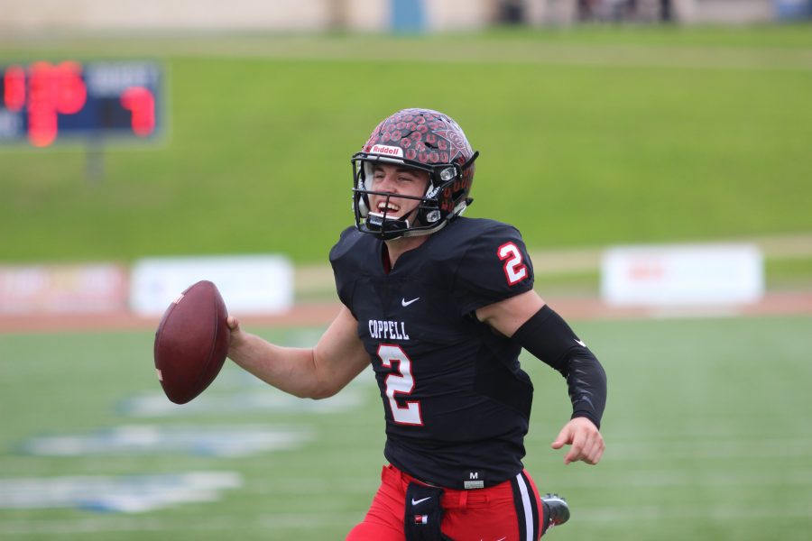 Coppell junior quarterback Brady McBride smiles as he heads into the end zone in Coppells 49-44 loss to Round Rock in the regional semifinals las season. McBride and the Cowboys concluded spring practice last week and open 2017 on Sept. 1 against Hurst L.D. Bell. 