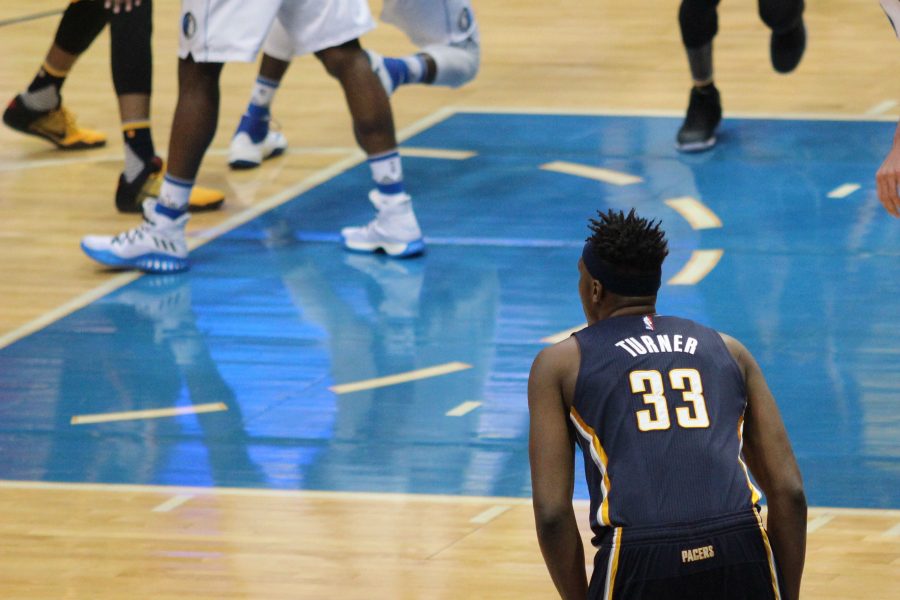 Pacers forward Myles Turner looks on in Indianas 111-103 loss to the Mavericks on Friday night. Turner has become a rising star for Indiana in his second season in the NBA.