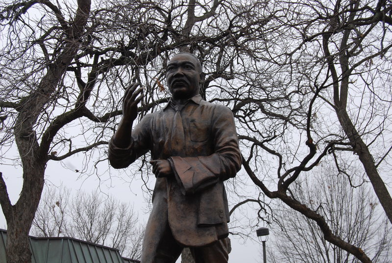 A statue of Martin Luther King Jr. stands in Dallas at the Martin Luther King Community Center. The statue was erected in 1976 by the city of Dallas out front of the Martin Luther King Community Center. Photo by Hannah Tucker.